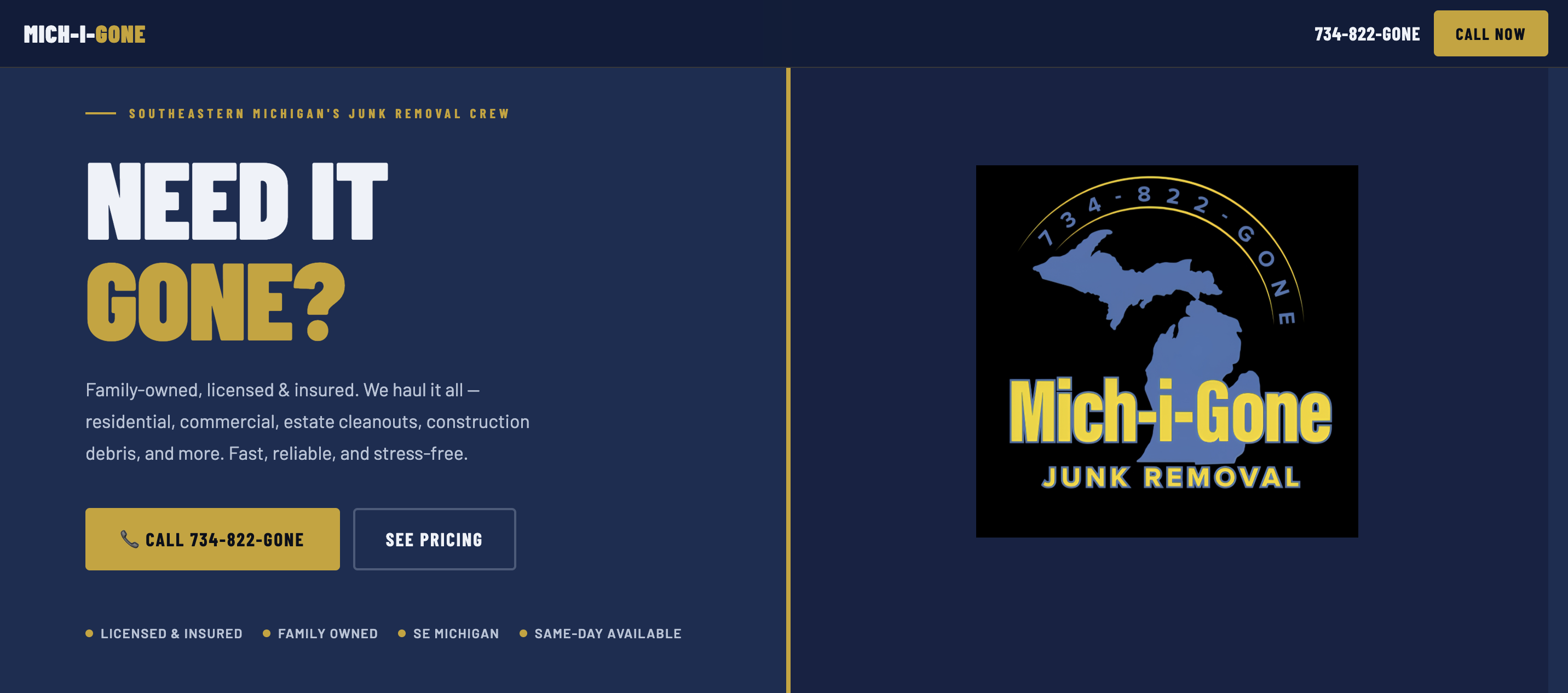 Mich-i-Gone Junk Removal homepage screenshot